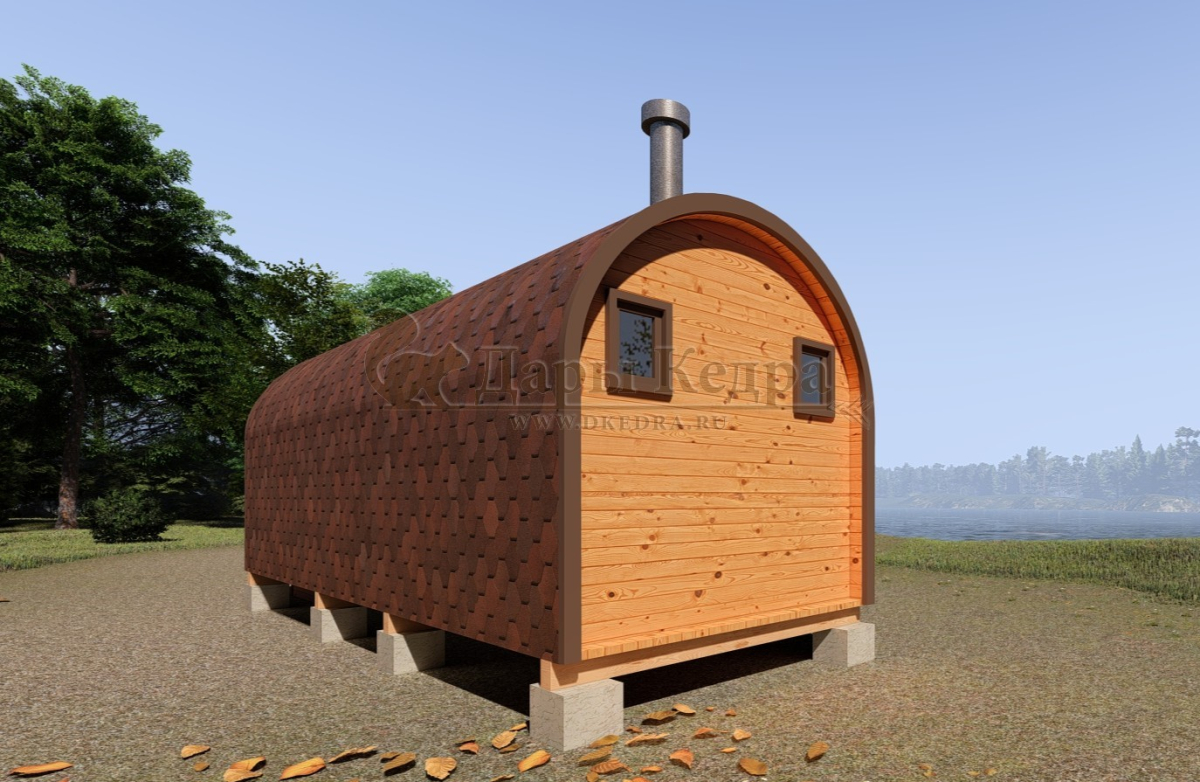 Баня-бочка буханка из кедра 6 метров с верандой
