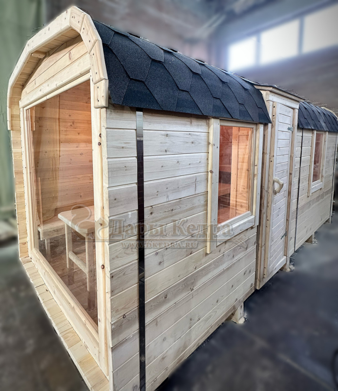 Баня-бочка «Пентагон» с боковым входом и панорамным окном